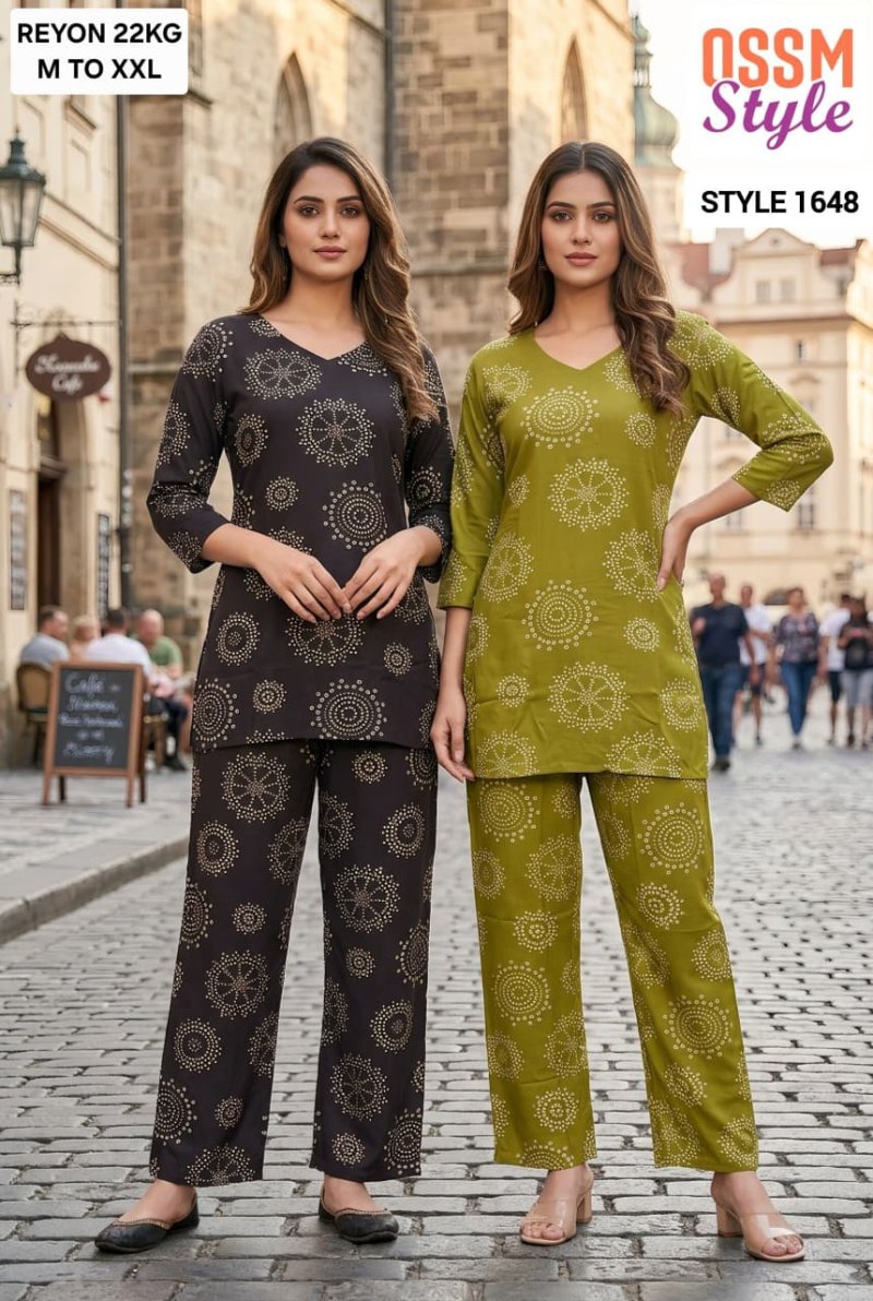 1648 By Ossm Style Reyon Discharge Printed Co Ord Set 